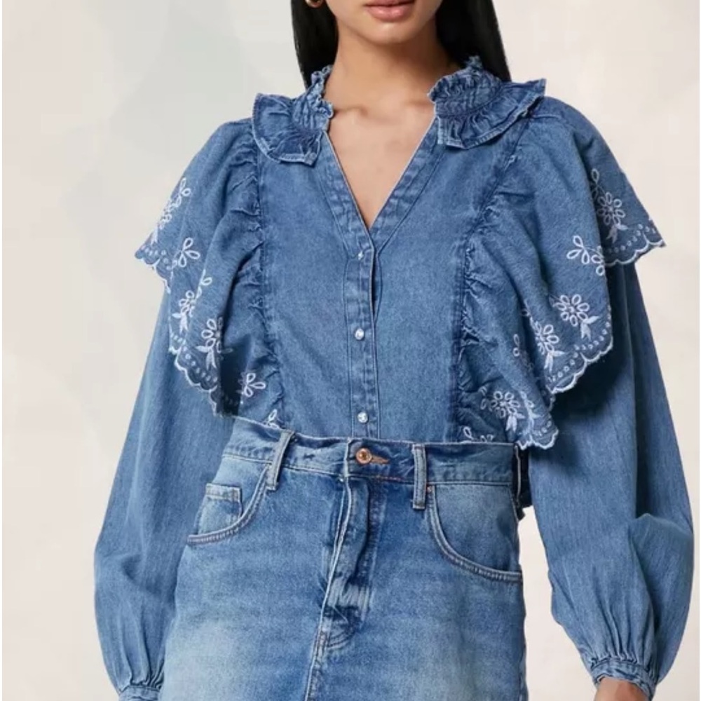 River Island Denim Ruffle Button Up Shirt NWT Small